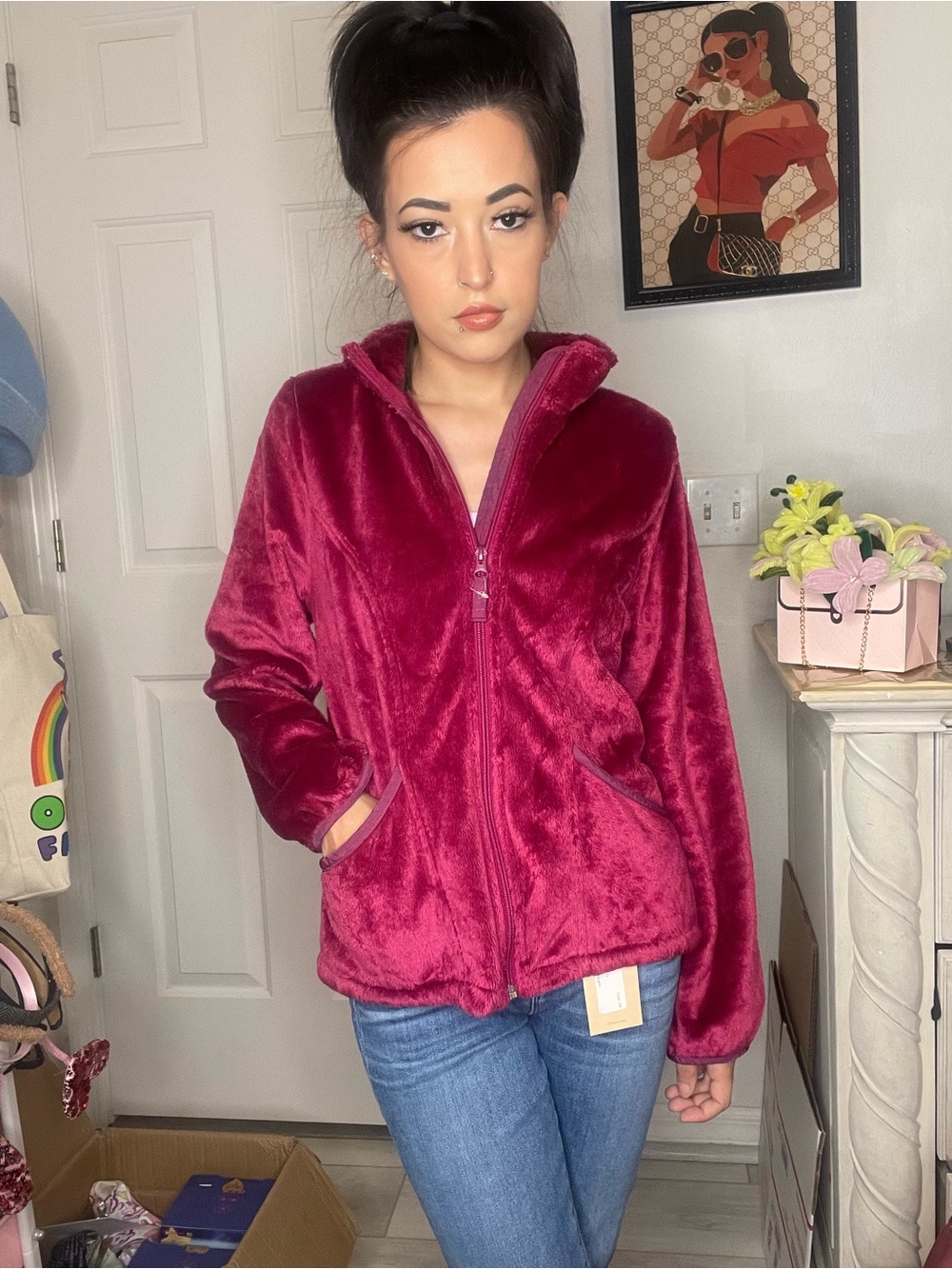 Kids Burgundy Faux Fur Jacket Size XXL (14-16) Full Zip with Pockets Fall/Winter